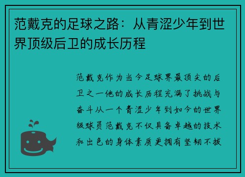 范戴克的足球之路：从青涩少年到世界顶级后卫的成长历程