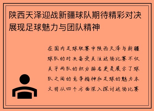 陕西天泽迎战新疆球队期待精彩对决展现足球魅力与团队精神